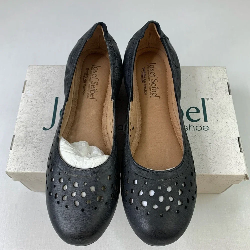 Josef Seibel Women Pippa 9 Ballet Flats Black Perforated Slip-On Shoes Sz 6.5/37